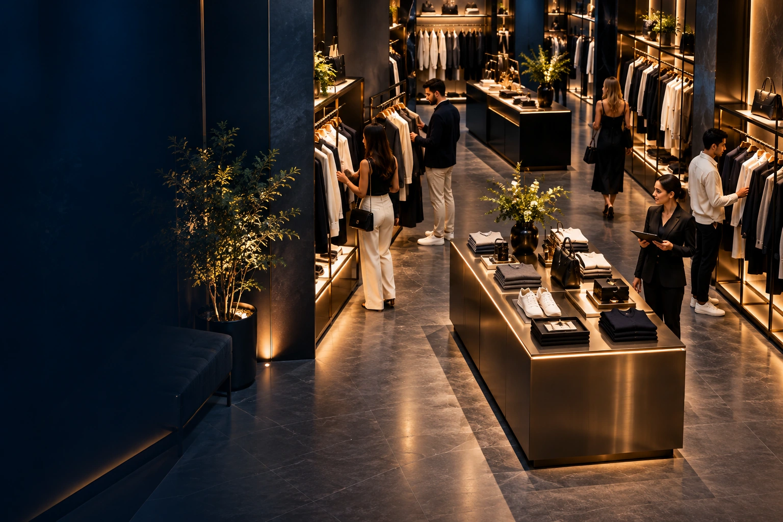 Illustrative premium retail store with shoppers and staff