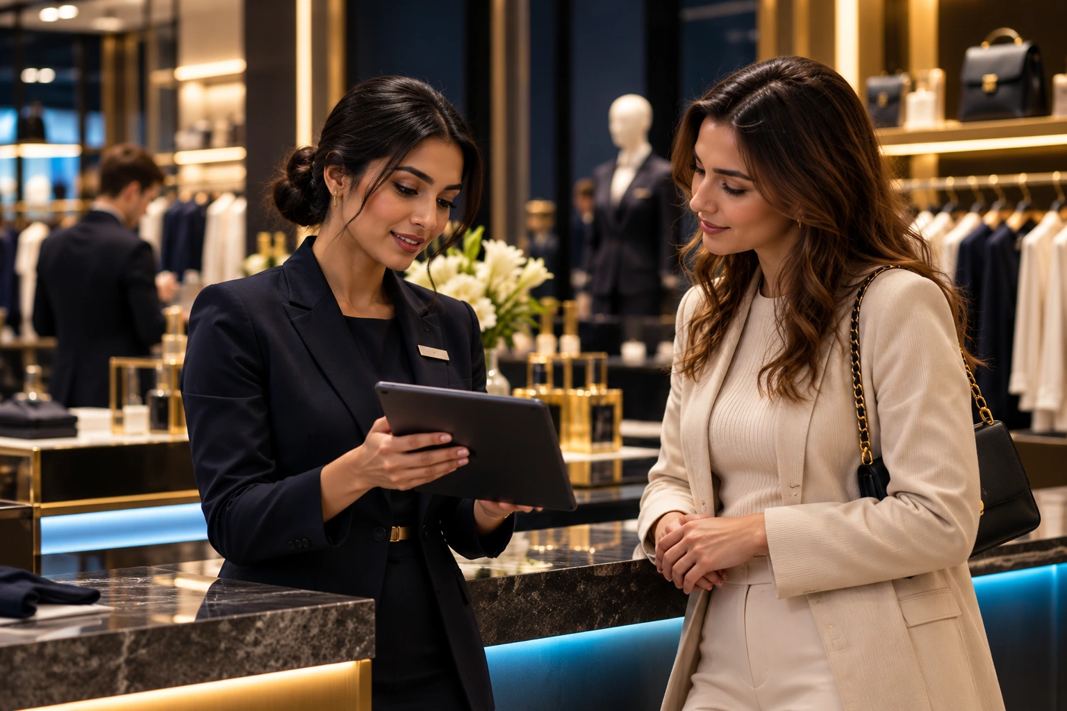 A retail team using a tablet to support customers at a service counter